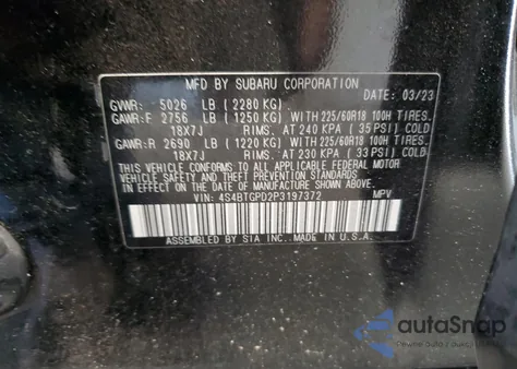 2023 Subaru Outback Touring z USA, uszkodzony, nr VIN 4S4BTGPD2P3197372